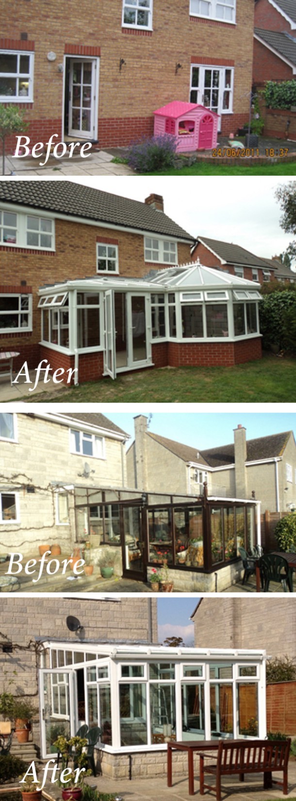 Top: Replacement conservatory in white with glass roof. <br><br>Bottom: New p shape conservatory in white.<br><br>Both fitted at a properties in Glastonbury and Somerton,  Somerset, by Turner Windows.